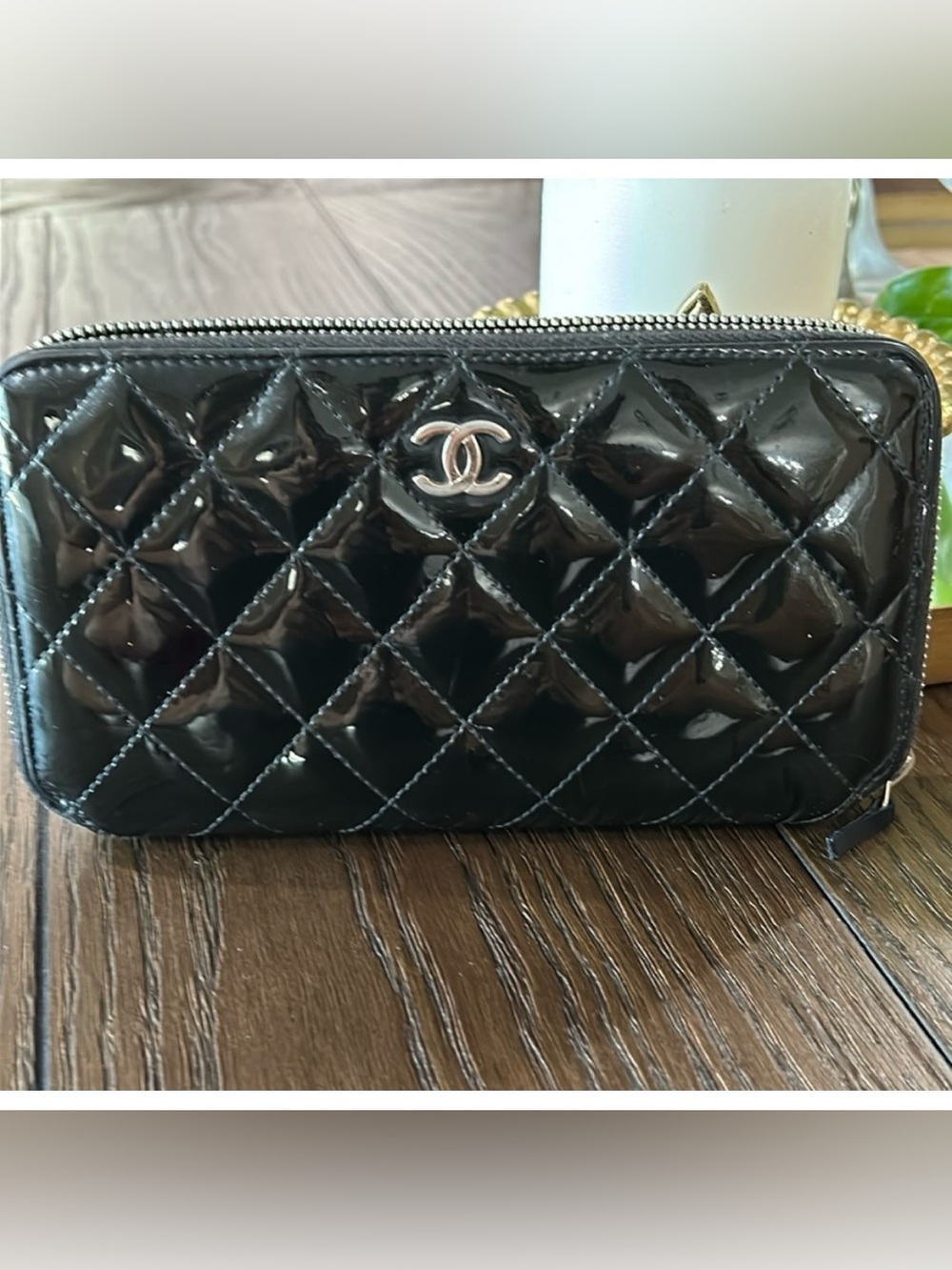 CHANEL Patent Quilted Zip Wallet Black Silver CC Hardware w/ Box EUC